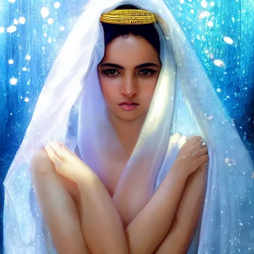 Image similar to beautiful Arab woman, white transparent veil black hair, showering in a waterfall, swimming, ethereal, emotive, fine art, water mist, mystical, Romanticism, natural light, cinematic lighting, ultra detailed, highly detailed, sharp focus, golden background with flowers, golden jewelry with blue sapphires, photographic, art by artgerm and greg rutkowski and zdislav beksinski