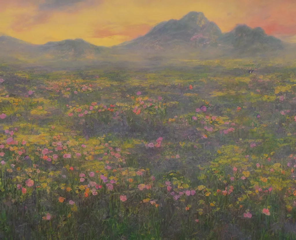 Image similar to a landscape pastel in the style of noriyoshi ohrai of a field of lotus flowers, glowing with iridescent mana. some misty mountains in the background. key art. 4 k retrofuturistic fantasy