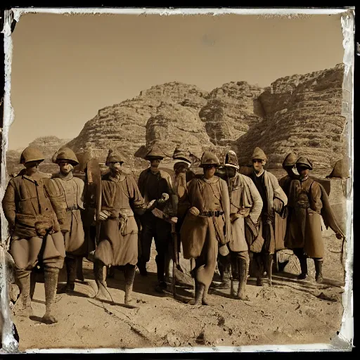 Prompt: ultra detailed photorealistic sepia - toned photo from 1 9 1 7, 5 clean - shaven british soldiers standing with bedouin traders in traditional arab garb, at an archaeological dig site in wadi rum, ultra realistic, painted, intricate details, lovecraft, atmospheric, dark, horror, brooding, highly detailed, by clyde caldwell