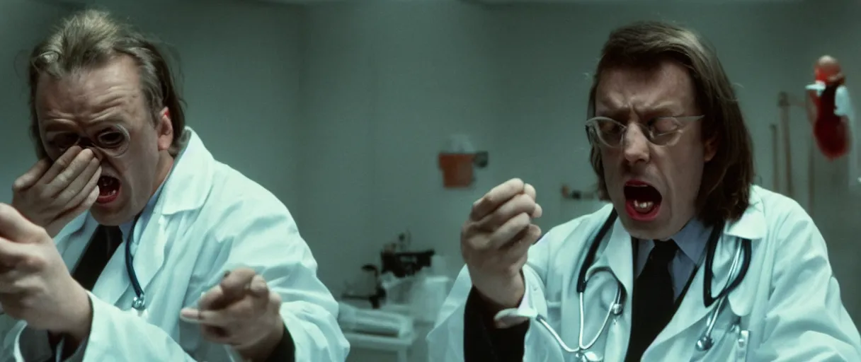 Prompt: filmic dutch angle movie still 4 k uhd 3 5 mm film color photograph of a screaming horrified doctor looking down at his hand is bitten by a re - animated specimen