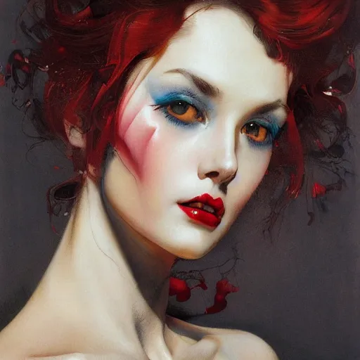 Prompt: realistic detailed face portrait of a female in the style of Contemporary Modern art by Malcolm Liepke and James Jean and Norman Rockwell, Ayami Kojima, Yoshitaka Amano, Karol Bak, Greg Hildebrandt, Jean Delville, and Mark Brooks, Expressionism, þ intricate fine details, exquisite, rich deep moody colors, beautiful detailed background