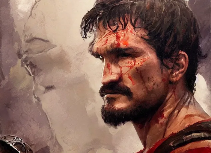 Image similar to a highly detailed beautiful portrait of pedro pascal as kratos, by gregory manchess, james gurney, james jean