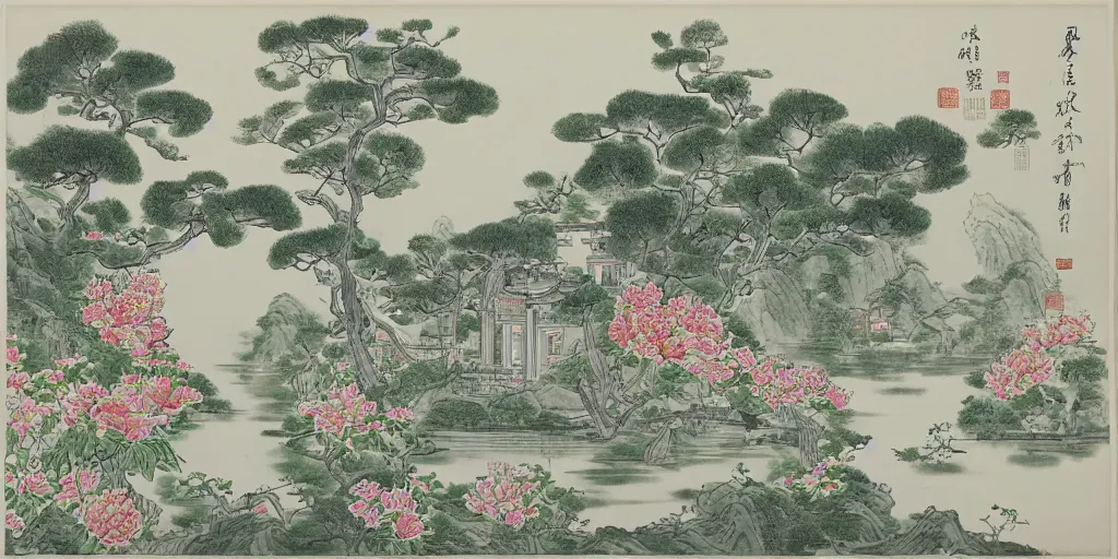 Prompt: summer manor with peony flowers and lake, chinese ink painting