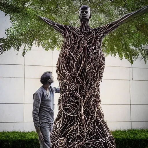 Prompt: a human man statue encased by a cosmic tree, a sense of awe, amazement, monogon, plasma display, wooden, silver, mercury, damascus, armature wire, multiscopy, morph, in a symbolic and meaningful style, insanely detailed and intricate, hypermaximalist, elegant, ornate, hyper realistic, super detailed,