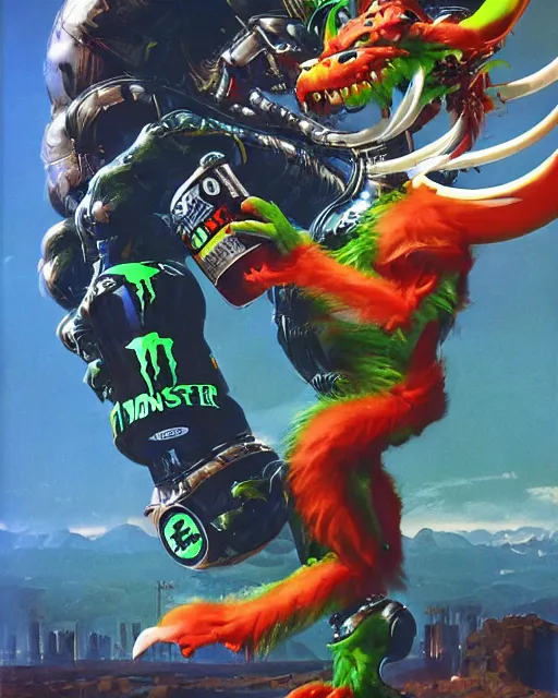 Image similar to mascot, monster energy, by peter andrew jones, 9 0's advertising, hd, hyper detailed, 4 k