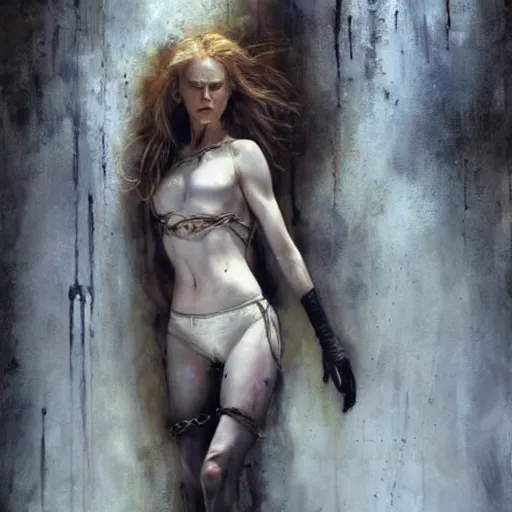 Image similar to nicole kidman chained to a wall in a dungeon, full body, beautiful painting by raymond swanland and magali villanueve, beautiful detailed body and face