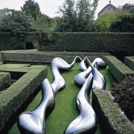 Image similar to giant Italian modern castle formal garden with a modern stainless steel organic shaped modern sculptures with mirror finish by Tony Cragg, photo by Annie Leibovitz