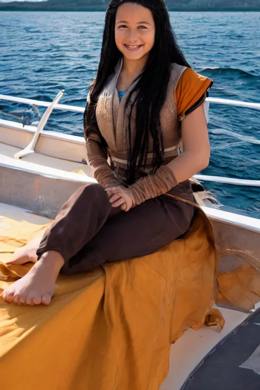 Image similar to full-length photo of real life Katara from Avatar, smiling, looking at camera, sitting on a boat
