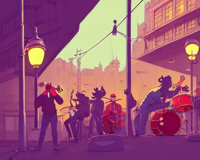 Image similar to a study of cell shaded cartoon of the concert of a music band playing music, street lamps, road, illustration, wide shot, subtle colors, post grunge, concept art by josan gonzales and wlop, by james jean, Victo ngai, David Rubín, Mike Mignola, Laurie Greasley, highly detailed, sharp focus, Trending on Artstation, HQ, deviantart, art by artgem