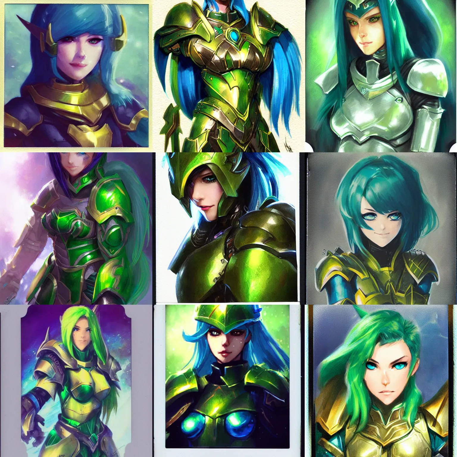 Prompt: polaroid picture of a female paladin, green armor, blue hair, yellow eyes, white skin, beautiful, cute, badass, by rossdraws, ralph horsley, pixiv, instagram