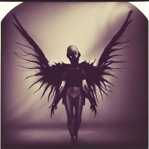 Image similar to a dark artistic photo of an alien creature with crazy wings, a polaroid photo