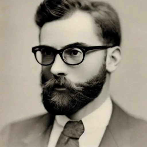 Prompt: A vintage portrait of an attractive bearded brown-haired man wearing glasses with eye in the middle of his forehead