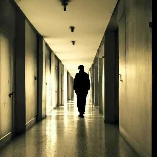 Image similar to a hallway with a shadowy silhouette standing at the end, creepy, uncanny, liminal space