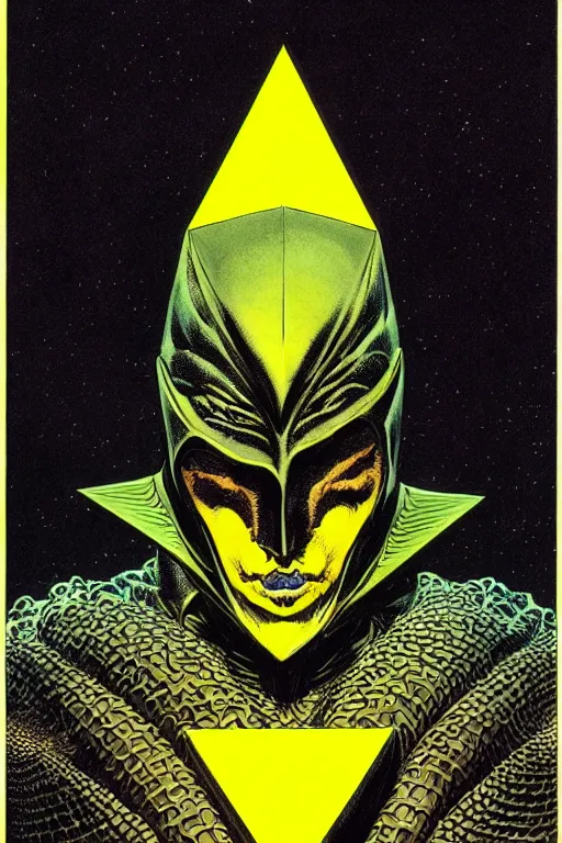 Image similar to black and yellow technicolor color risoprint, richard corben, wayne barlowe, moebius, heavy metal comic cover art, psychedelic triangular lich in heavy shoulders armor, very intricate, thick outline, full body, symmetrical face, long black crown, in a shapes background, galactic dark colors