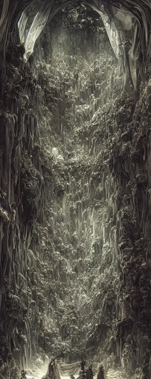 Image similar to medieval explorers inside an enormous alien cavern, enormous shiny black alien architecture, an enormous portal opens to another dimension, translucent, inner illumination, cinematic lighting, volumetric, complementary color, by h. r. giger and gustave dore, by alphonse mucha and roger deakins