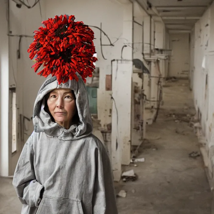 Prompt: a woman wearing a hood made of wire and zinnias, in an abandoned office building, by jan van eyck, canon eos c 3 0 0, ƒ 1. 8, 3 5 mm, 8 k, medium - format print