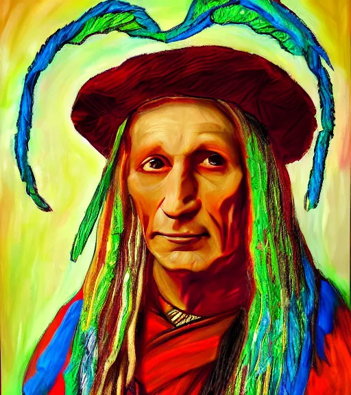 Image similar to Portrait painting in a style of Da Vinci of an old shaman dressed in a colorful traditional clothes.