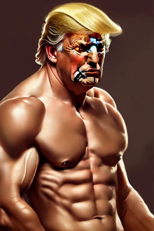 Image similar to Donald Trump as a Greek god, gorgeous, amazing, muscular, fit, very muscular male body, intricate, highly detailed, digital painting, artstation, concept art, sharp focus, illustration, art by greg rutkowski and alphonse mucha