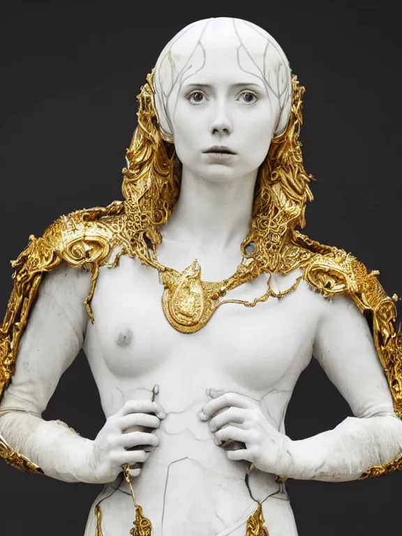 Prompt: a dramatically lit art nouveau white marble head and torso sculpture of a worried young karen gillan as joan of arc, wearing intricate gold plate armor on her chest, delicate, intricate, smooth, beautiful, glowing, by charles van der stappen