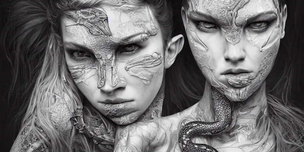 Prompt: hyperrealistic photography of a highly detailed and symmetrical gorgeous nordic female with snake eyes in the style of jin kagetsu, james jean and wlop, highly detailed, face symmetry, highly realistic hands, masterpiece, award - winning, sharp focus, intricate concept art, ambient lighting, 8 k, artstation