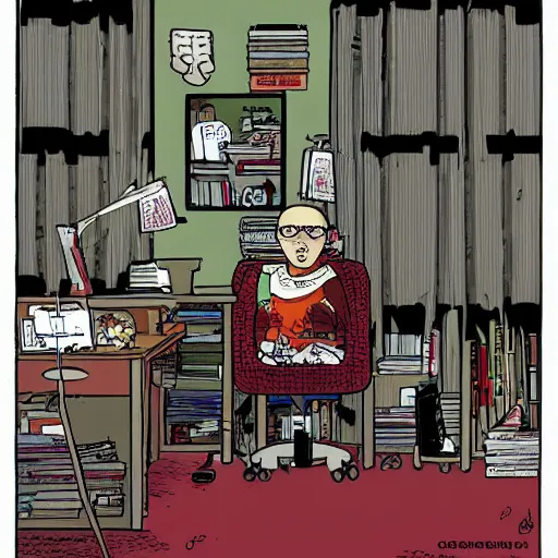 Image similar to goth nerd sitting at a computer in a cluttered room, by geof darrow, geof darrow art,