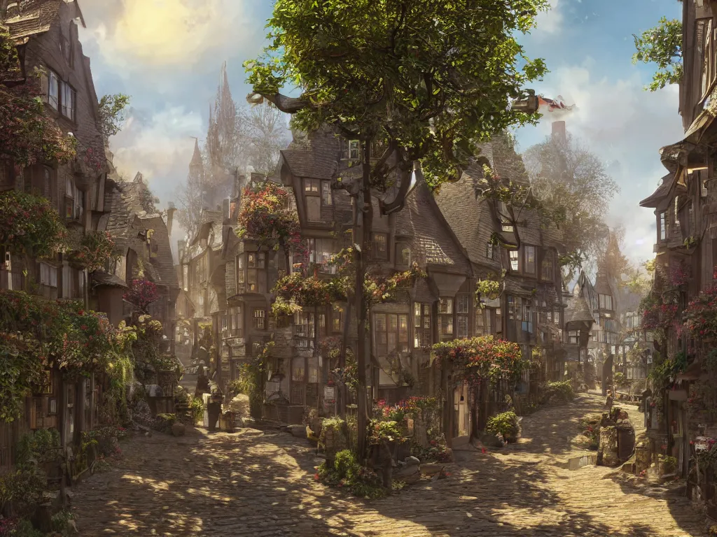 Prompt: streetview of a magical village on a slow day, inspired by victorian england and amsterdam, sunny weather, highly detailed, intricate, digital painting, trending on artstation, concept art, matte painting, art by greg rutkwowski, craig mullins, octane render, 8 k, unreal engine