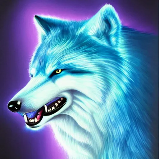 Prompt: luminescent white purple cyan gradient detailed airbrush painting of long haired spirit wolf