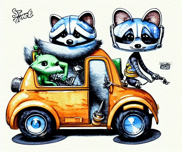 Image similar to cute and funny, racoon wearing a helmet riding in a tiny streetrod with oversized engine, ratfink style by ed roth, centered award winning watercolor pen illustration, isometric illustration by chihiro iwasaki, edited by range murata, tiny details by artgerm and watercolor girl, symmetrically isometrically centered