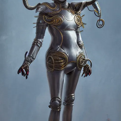 Image similar to tom bagshaw, curiosities carnival, photorealistic medium shot soft paint of a single beautiful cosplay clown full long futuristic metallic armor very tight metal helmet ornate, face, gynoid tentacles body, accurate features, focus, very intricate ultrafine details, award winning masterpiece