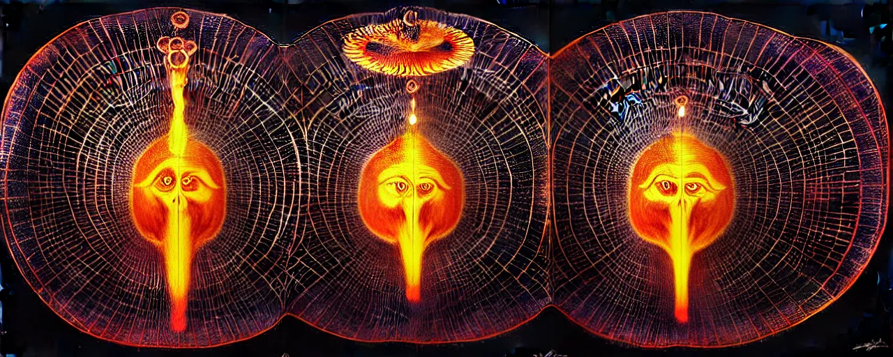 Prompt: epic tunnel, ego - self axis lit by fire torches, with a strange creature with endearing eyes reverberating a unique canto'as above so below'while being ignited by the spirit of haeckel and robert fludd, glory to soul, in honor of saturn, painted by ronny khalil