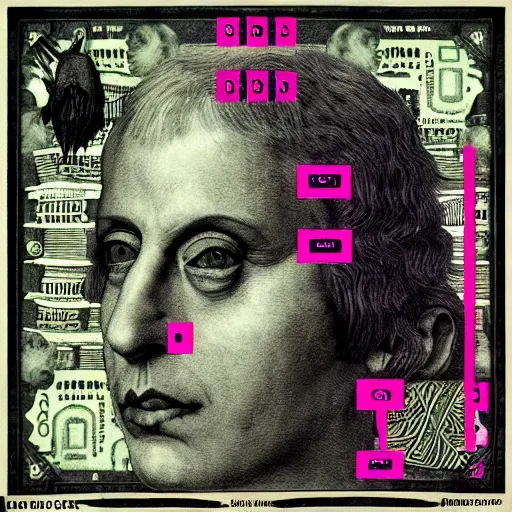 Image similar to post - punk new age album cover, asymmetrical design, dollar bank notes, capitalism, magic, apocalypse, psychedelic, black white pink, magic, giger h. r., giuseppe arcimboldo