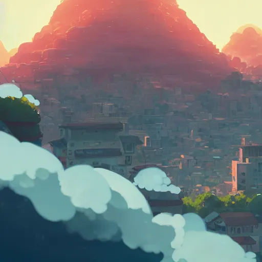 Image similar to a mountain city with lot's of clouds, detailed, cory loftis, james gilleard, atey ghailan, makoto shinkai, goro fujita, studio ghibli, rim light, exquisite lighting, clear focus, very coherent, plain background