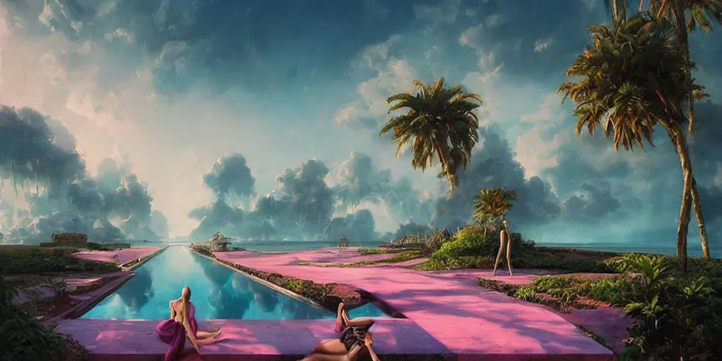 Prompt: greg rutkowski masterpiece, hyperrealistic surrealism, award winning masterpiece with incredible details, epic stunning, infinity pool, a surreal vaporwave liminal space, highly detailed, trending on ArtStation, calming, meditative, pink arches, flowing silk sheets, palm trees, very vaporwave, very very surreal, sharp details, dreamscape