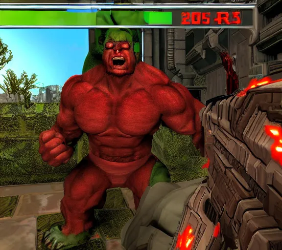 Image similar to hulk in the videogame doom, screenshot