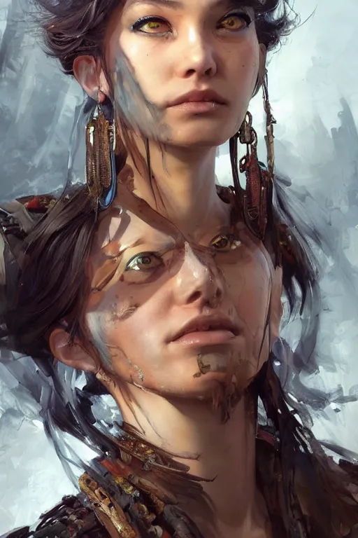 Image similar to A masterpiece portrait of a Incredibly beautiful queer Syberian post apocalyptic shaman girl . medium shot, intricate, elegant, highly detailed. trending on artstation, digital art, by Stanley Artgerm Lau, WLOP, Rossdraws, James Jean, Andrei Riabovitchev, Marc Simonetti, Yoshitaka Amano