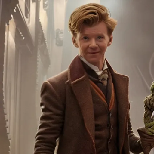 Prompt: newt scamander walking hand in hand with baby groot from guardians of the galaxy, film still from the movie, directed by david yates