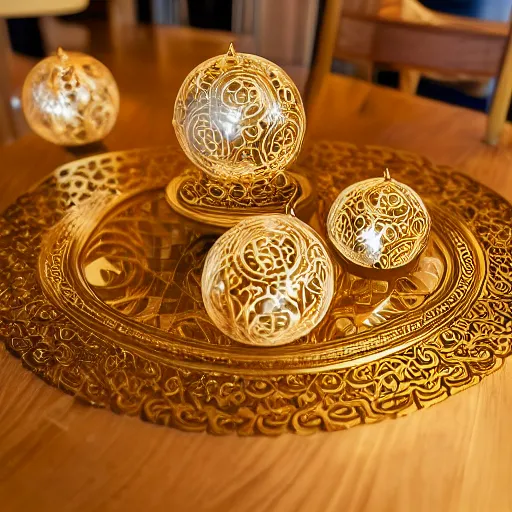 Image similar to a well - lit photo of an intricate gold filigree art nouveau set of concentric spheres on a wooden table, beautiful, detailed, flowing curves