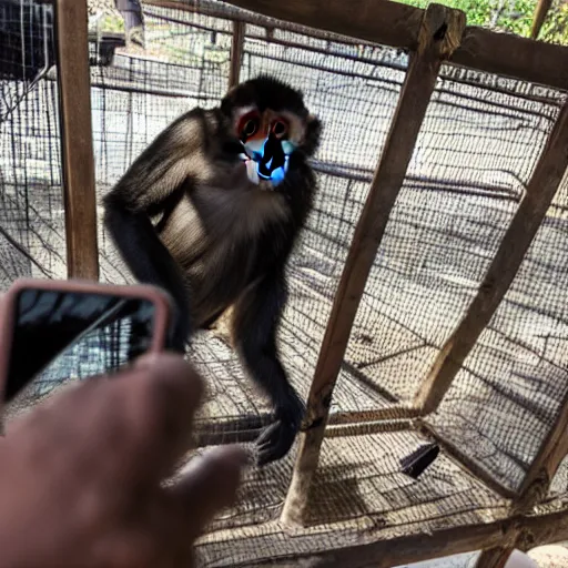 Prompt: A high-quality photo of a monkey taking a selfie in front of a cage full of people on a sunny day