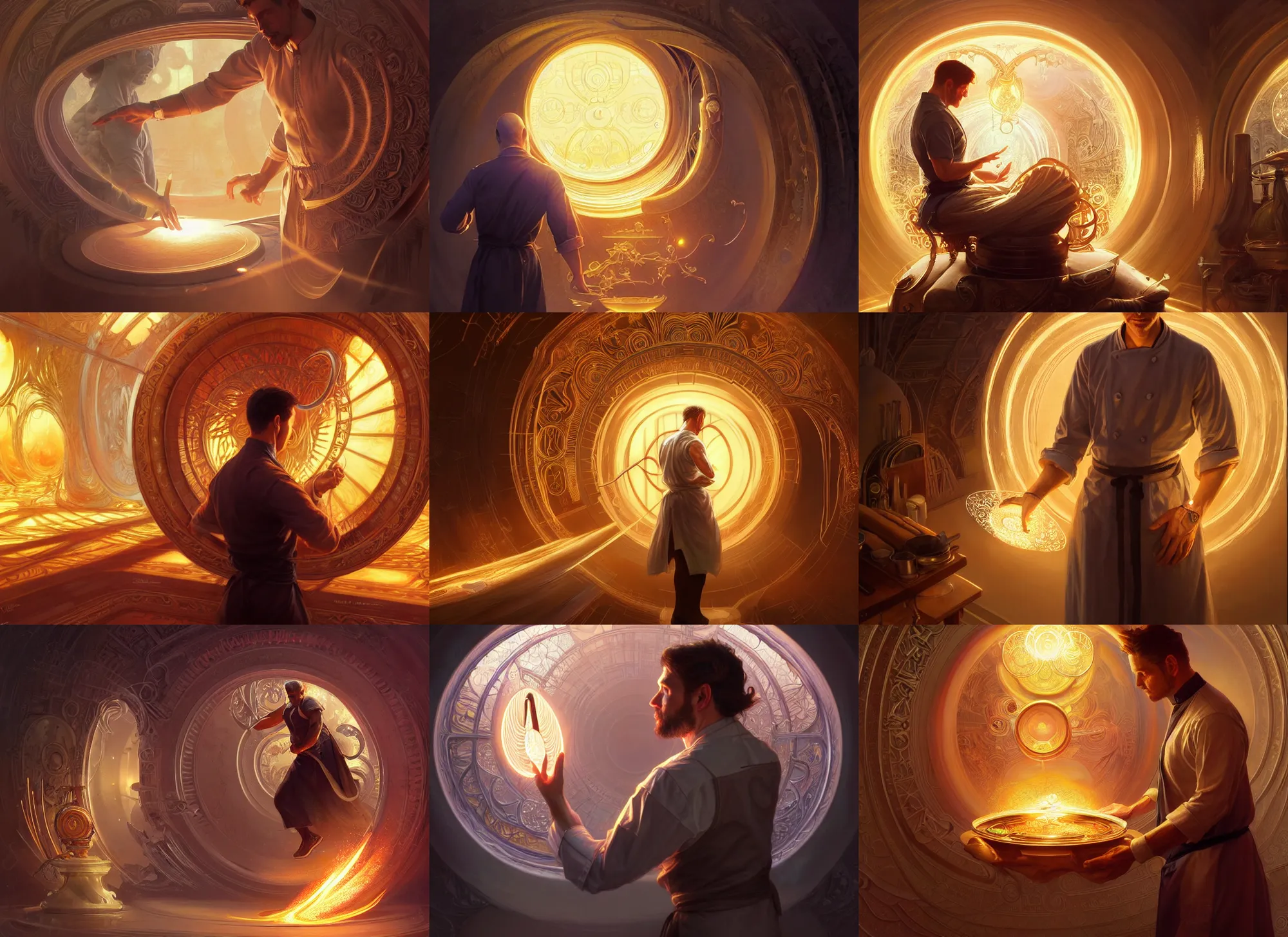 Prompt: ultra realistic illustration, an adult male chef entering a glowing portal, intricate, elegant, highly detailed, digital painting, artstation, concept art, smooth, sharp focus, illustration, art by artgerm and greg rutkowski and alphonse mucha and wlop