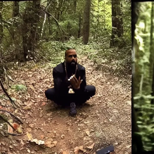 Image similar to trailcam footage of kanye west crying and screaming in the forest