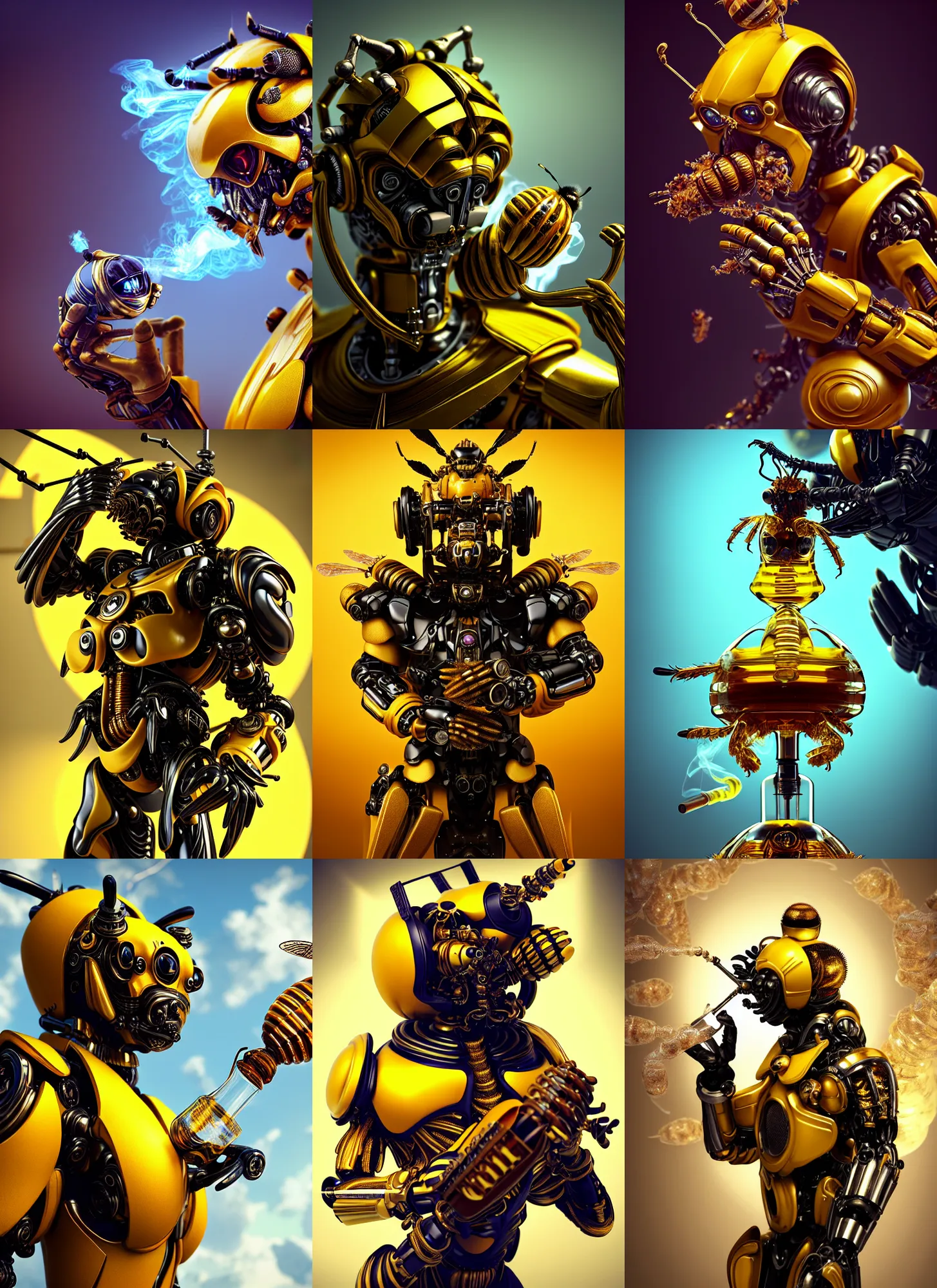 Prompt: transhuman king bumblebee edm cyborg smoking elaborate honey bong | ornate | glamorous oily soft polished rich enticing ornate modern | weta disney pixar movie still photo | hi - fructose, sci fi fantasy, golden ratio details, smooth, octane render, sharp focus, artstation, concept art | beeple, feng zhu, mucha, rutkowski |