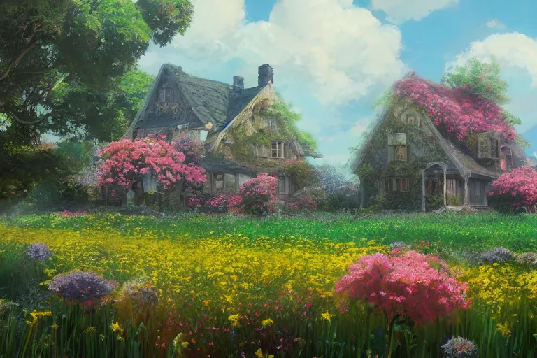 Prompt: a painting of a house in a field of flowers, a matte painting by studio ghibli, cgsociety, magical realism, matte painting, unreal engine 5
