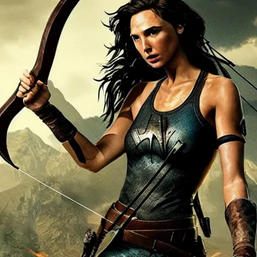 Image similar to Gal Gadot as Tomb Raider aiming a bow. Girl power. Movie poster art.