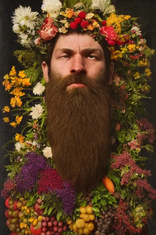 Prompt: A man's face, long beard, made of flowers and fruit, in the style of the Dutch masters and Gregory crewdson, dark and moody