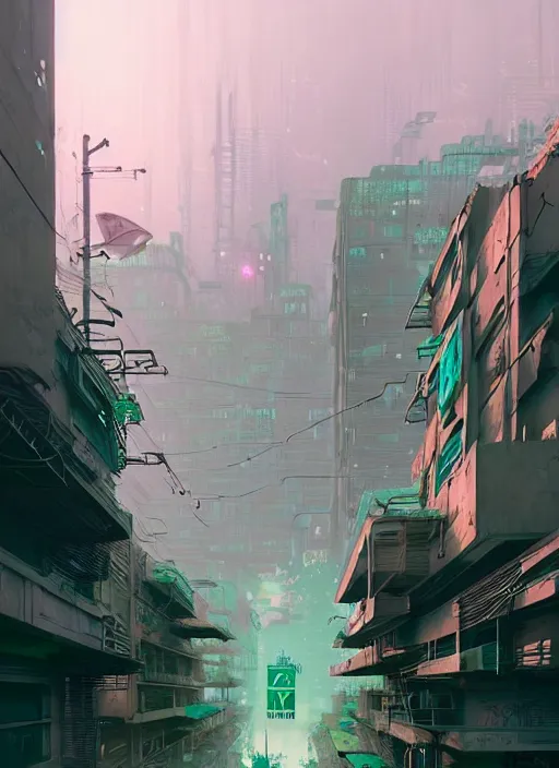 Prompt: highly detailed matte painting, of a dystopian calligraphy graffiti tag city with thick green overgrowth, by atey ghailan, by greg rutkowski, by greg tocchini, by james gilleard, by joe fenton, by kaethe butcher, pink, brown, light blue and white mystical color scheme, grunge aesthetic, octane render