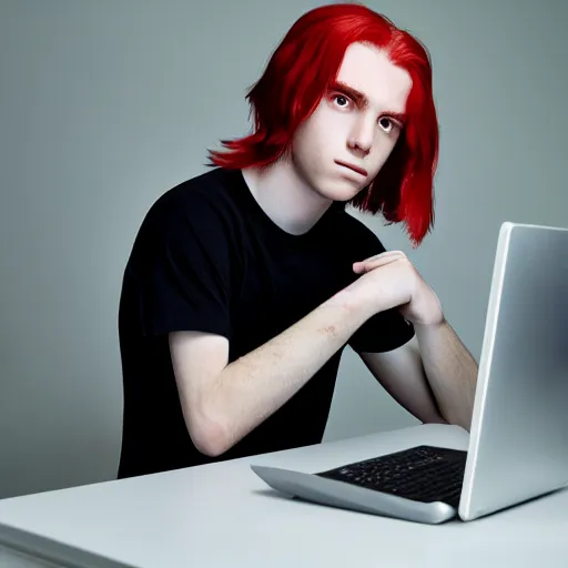 Prompt: a teenage boy red-haired long-haired, sitting at a desk with a computer, in a white room, Charlie Bowater, 8k, sharp focus