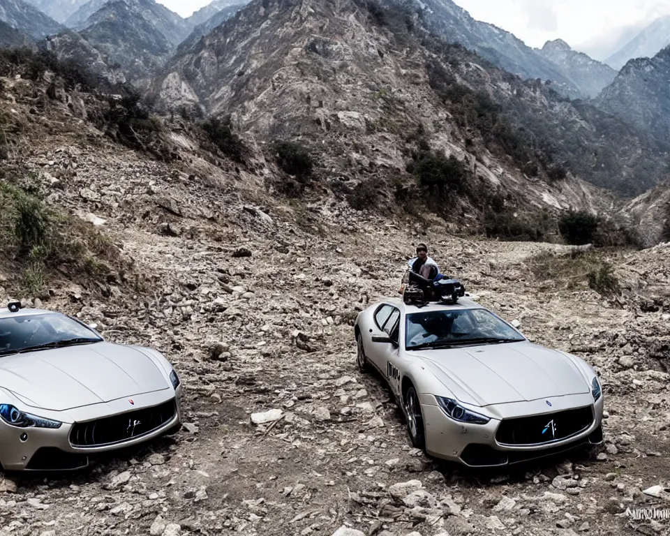 Image similar to maserati drifting in uttrakhand mountains with lamborghini indian police car chasing, cinematic, photography by alexey kurylev, rishikesh, movie, ultra detailed