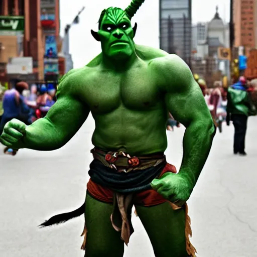 Image similar to a handsome green-skinned half-orc in the city, today's featured fantasy photography