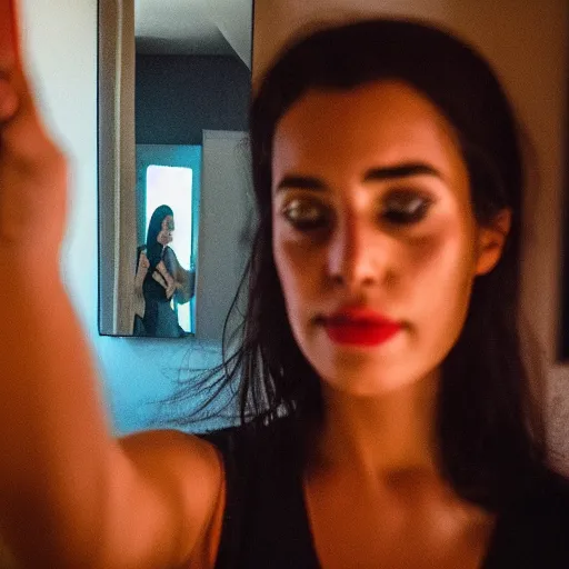 Image similar to a woman is taking a selfie in a mirror, a picture by bouchta el hayani, pexels contest winner, tachisme, hd, shiny eyes, dark