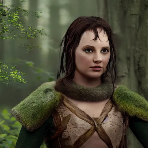Image similar to anya charlota as a medieval fantasy wood elf, dark brown hair tucked behind ears, wearing a green tunic with a fur lined collar and brown leather armor, wide, muscular build, scar across nose, one black, scaled arm, cinematic, character art, digital art, forest background, realistic. 4 k